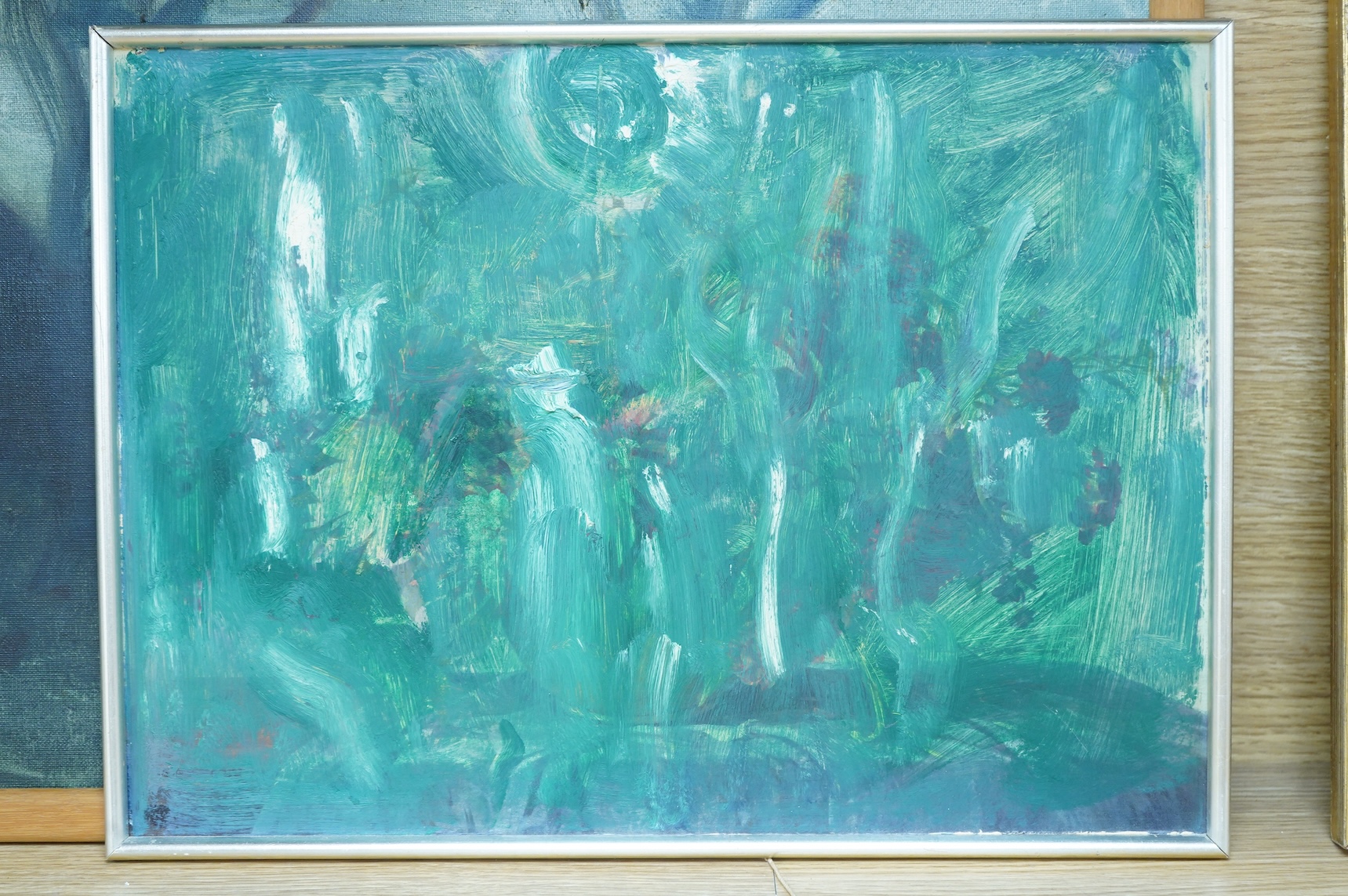 20th century, Figures before a landscape, inscribed verso, oil on canvas, together with an abstract oil on board, possibly by the same hand, largest 42 x 53cm